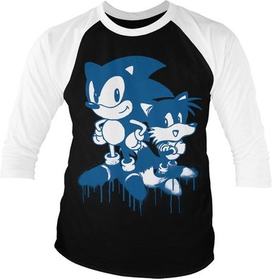 Sonic The Hedgehog Sonic and Tails Sprayed Baseball 3/4 Sleeve Tee T-Shirt White-B...