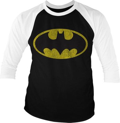 Batman Distressed Logo Baseball 3/4 Sleeve Tee T-Shirt White-Black