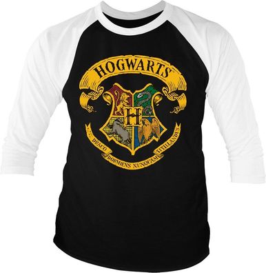 Harry Potter Hogwarts Crest Baseball 3/4 Sleeve Tee T-Shirt White-Black