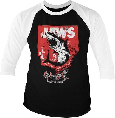 Jaws Shark Smoke Baseball 3/4 Sleeve Tee T-Shirt White-Black