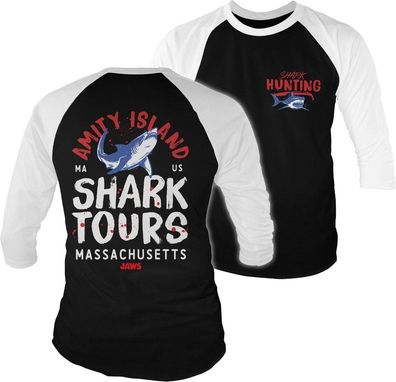 Jaws Amity Island Shark Tours Baseball 3/4 Sleeve Tee T-Shirt White-Black