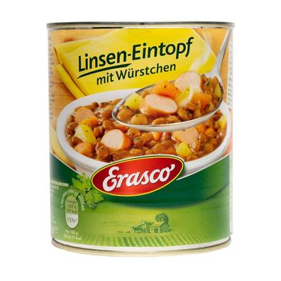 Erasco Linsen-Eintopf mit Würstchen Viel Gemüse Fertigmahlzeit Mikrowelle 800g