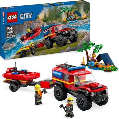 LEGO 60412 City Feuerwehrgeländewagen mit Rettungsboot, Offroad-Auto-Spielzeug