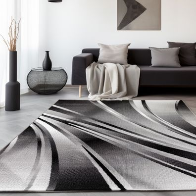 Teppich Modern Designer Wohnzimmer Kurzflor Abstrakt Wellen Muster Schwarz Grau