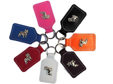 Französische Bulldogge - Schlüsselanhänger Metallaplikationen, LEDER - Weiß