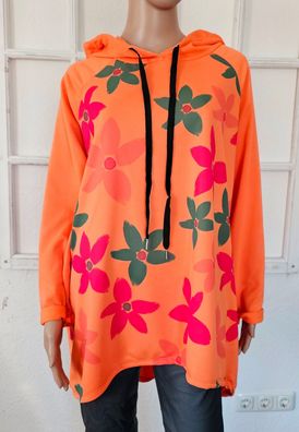 Italy 42 44 46 Hoody Sweater Tunika Kapuze Langarm Blumenprint Orange/ Bunt