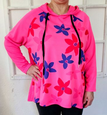 Italy 42 44 46 Hoody Sweater Tunika Kapuze Langarm Blumenprint Pink/ Bunt