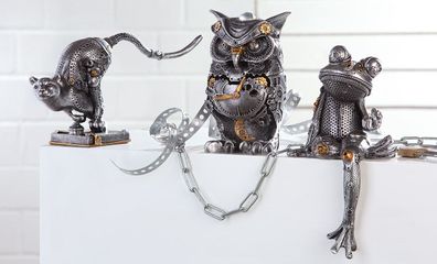 Gilde Skulptur "Steampunk Owl" Kunstharz silberfarben 37044