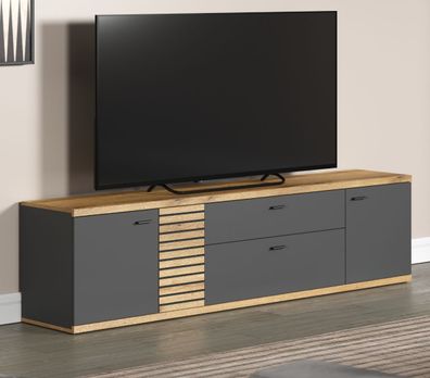 TV Lowboard in grau Eiche Flat TV Unterschrank Stauraum Soft-Close Norris 202 x 55 cm