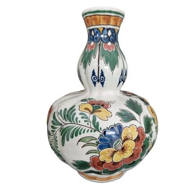 Signierte Delft Polychrom Bauchige Vase Vintage Keramik Hand bemalt Bunt Floral