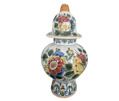 Delft Polychrom Signiert Bauchige Tempel Vase mit Deckel Vintage Keramik Hand bemalt