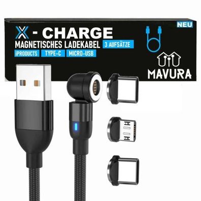 X-CHARGE magnetisches Ladekabel 360° Rotation für iPhone Micro USB Type C Magnet Schn