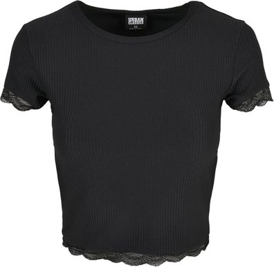 Urban Classics Damen T-Shirt Ladies Cropped Lace Hem Tee Black