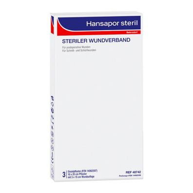 Hansapor steril, steriler Wundverband - 10 x 20 cm - 3 Stück | Packung (3 Stück)