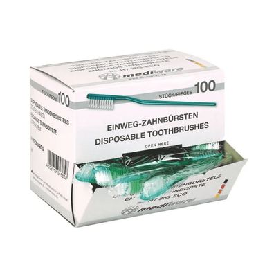 Mediware Einmal-Zahnbürste ohne Zahnpulver grün - 100 Stück | Packung (100 Stück)