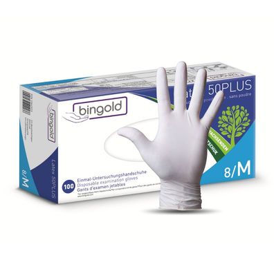 Bingold Latex 50PLUS Latexhandschuhe, weiß - M / Weiß | Packung (100 Handschuhe)