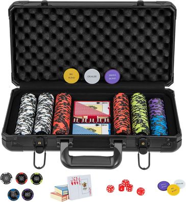 Pokerset mit 300 Laser-Chips, Pokerkoffer mit 2 Spielkarten, 5 Würfeln & 2 Schlüsseln