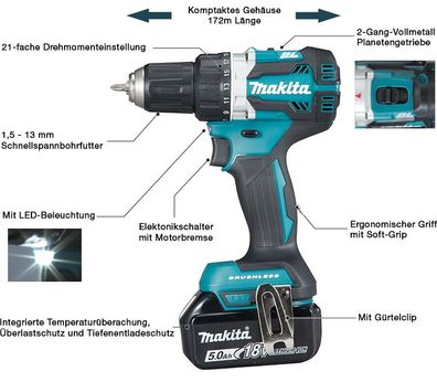 Makita DDF484RTJ Akku-Bohrschrauber 18 V / 5,0 Ah, 2 Akkus, Ladegerät im MAKPAC