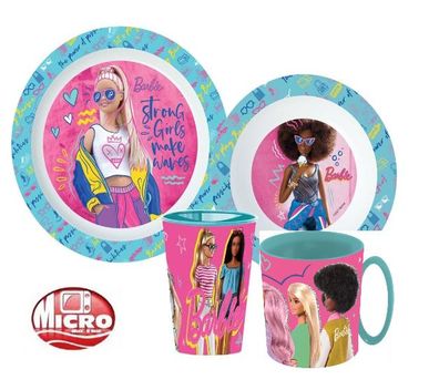 4er Set Barbie Kinder-Geschirr Teller, Müslischale, Tasse und Becher