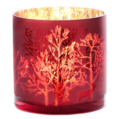 Großes Windlicht Wald | rot Gold Design | Glaswindlicht Glas Teelichthalter 17cm