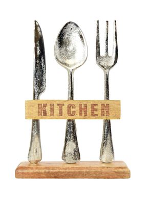 Aufsteller Kitchen Besteck | Küche Küchendeko Metalldeko auf Holzsockel 21x15cm