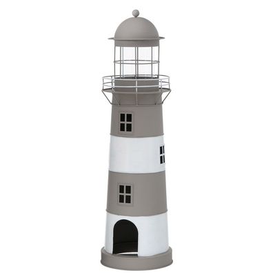 Laterne LONG ISLAND grau braun weiß Leuchtturm Windlicht aus Metall H75cm - GROS