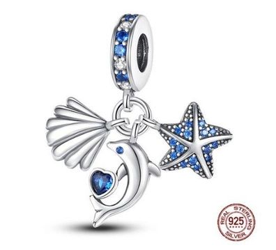 Charm Anhänger kompatibel für Pandora 925 Sterling Silber Delfin mit Seestern und Ste