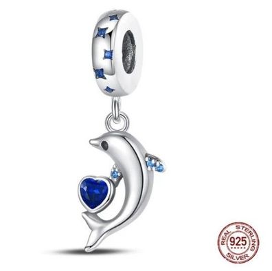 Charm Anhänger kompatibel für Pandora 925 Sterling Silber Delfin mit Herzstein