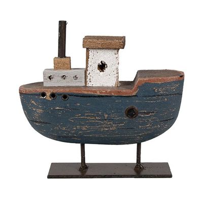 Clayre & Eef 6H2337 Dekorationsmodell Boot 10 cm Grau Blau Holz Eisen Schiff Dampfer
