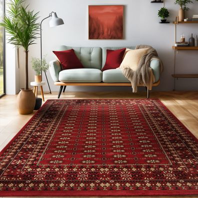 Klassik Wohnzimmerteppich Orient Teppich Bordüre Traditionelles Muster Rot Beige