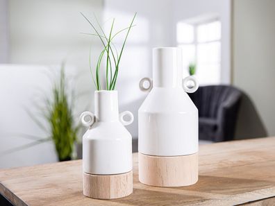 Gilde Vase "Blanco" weiß glänzend, auf Holzfuß H: 23.50 cm B: 11 cm T: 10.50cm 50742