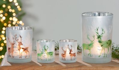 Gilde Windlicht "Deer Forest" Glas weiß 40815
