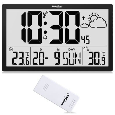 GreenBlue GB218 Wetterstation Digitale Wanduhr mit Außensensor DCF-Uhr