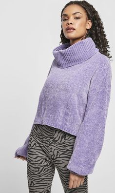Urban Classics Damen Sweatshirt Ladies Short Chenille Turtleneck Sweater Lavender
