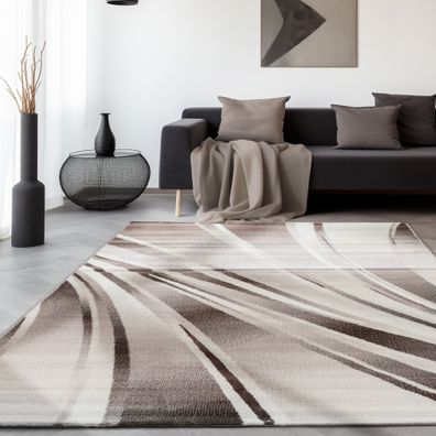 Teppich Modern Designer Wohnzimmer Kurzflor Abstrakt Wellen Muster Braun Beige