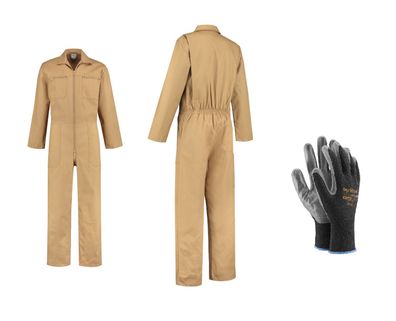 Arbeitsoverall beige khaki Kombi Overall Arbeitskombi Arbeitsanzug + Handschuhe
