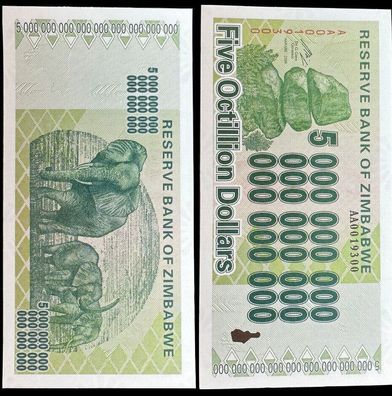 Five Octillion/ Dollar/ Banknote/ Zimbabwe/ 2008/ Bankfrisch unzirkuliert (Zim02241)