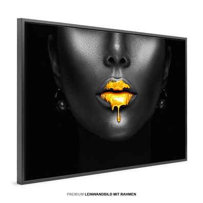 Frau mit goldenen Lippen, erotisch Wandbild , Leinwand-Bild mit Rahmen XXL , Deko