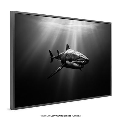 Tier Fisch Hai im Ozean Wandbild , Premium Leinwand-Bild mit Rahmen XXL , Home Deko