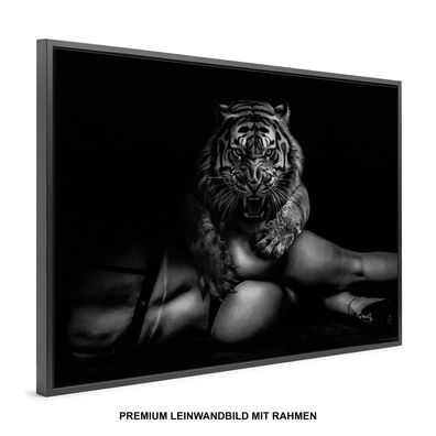 Tier Tiger und Frau nude , erotisch Wandbild Leinwand-Bild mit Rahmen XXL , Home Deko