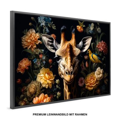 Giraffe und bunten Blumen , Tier Wandbild Leinwand-Bild mit Rahmen XXL Deko Kunst