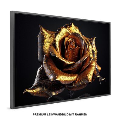 Goldene Rose, Luxus Blume Wandbild Leinwand-Bild mit Rahmen XXL Deko Kunst