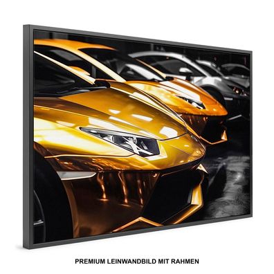 Lamborghini Goldenes Luxus auto , Wandbild Leinwand-Bild mit Rahmen XXL Deko Kunst