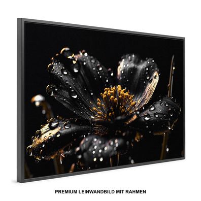 Goldene Luxus Blume , Wandbild Premium Leinwand-Bild mit Rahmen XXL Deko Kunst