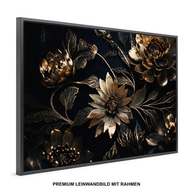 Luxus Goldene Blume , Wandbild Premium Leinwand-Bild mit Rahmen XXL, Deko Kunst