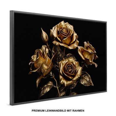 Luxuriöse goldene Rosen , Wandbild Premium Leinwand-Bild mit Rahmen XXL, Deko Kunst