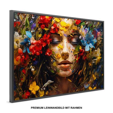 Frau in Farben und Blumen , Wandbild Premium Leinwand-Bild mit Rahmen XXL, Deko Kunst