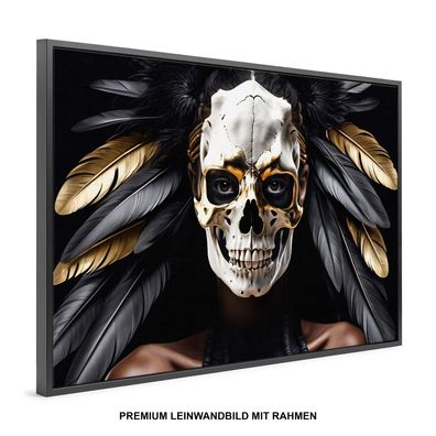 Luxus Golden Schädel und Federn , Indianer Wandbild , Leinwand-Bild mit Rahmen , Deko