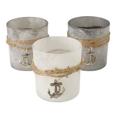3tlg. Windlicht PIER beige weiß grau Teelichtglas mit Anker Deko maritim (3 Farb
