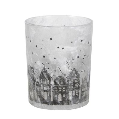 Windlicht WINTER SKY schwarz weiß aus gefrostetem Glas H12,5cm mit Häusern